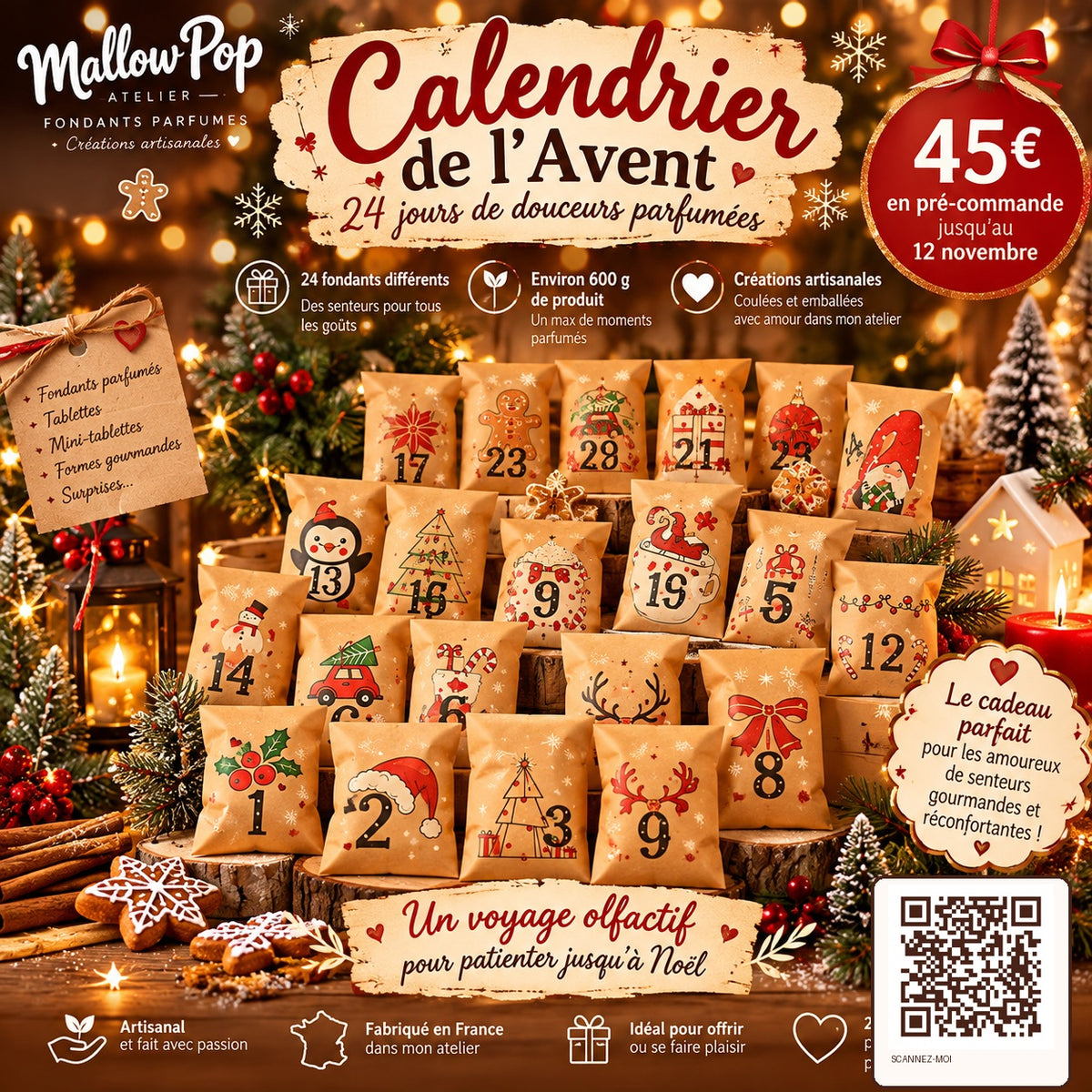 Calendrier de l’Avent Mallow Pop Atelier, 24 surprises parfumées, environ 600 g, 45 euros, précommande jusqu’au 12 novembre